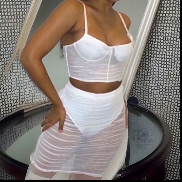 Sexy Spaghetti Straps Corset Bustier Semi Sheer Crop Top &  Mini Skirt Set 2pc - Picture 3 of 6